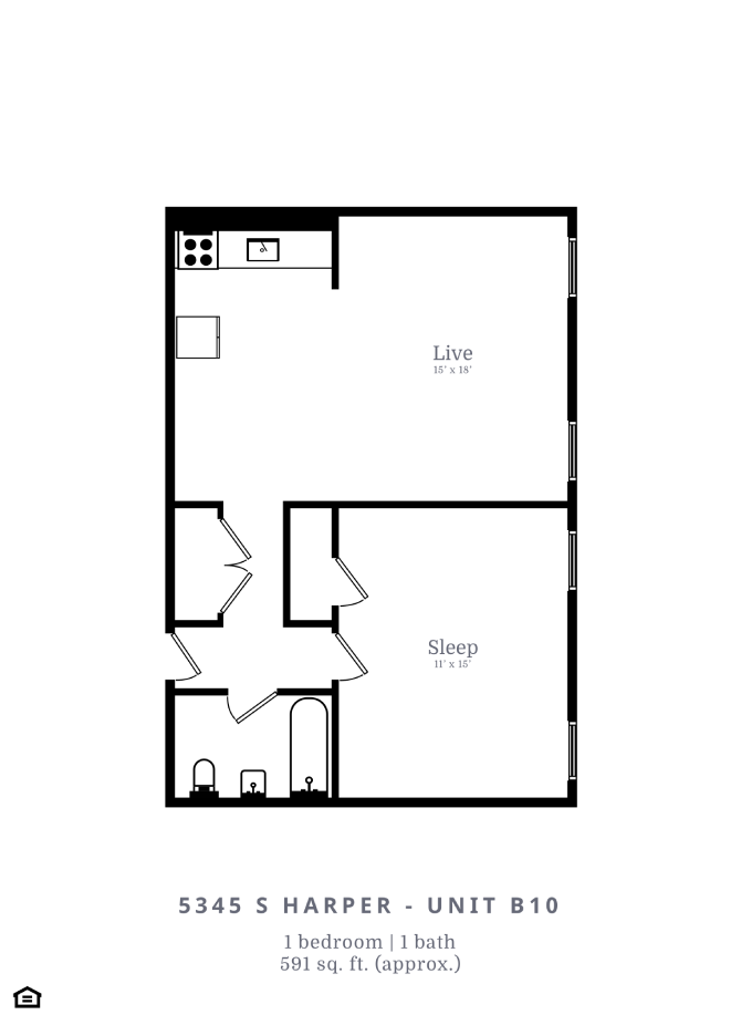 Floor plan for 1 bed, 1 bath, 551 sqft